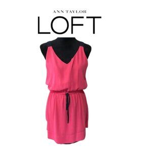 LOFT Pink & Navy V-Neck Sleeveless Dress w/Drawstring Waist Size Medium Petite